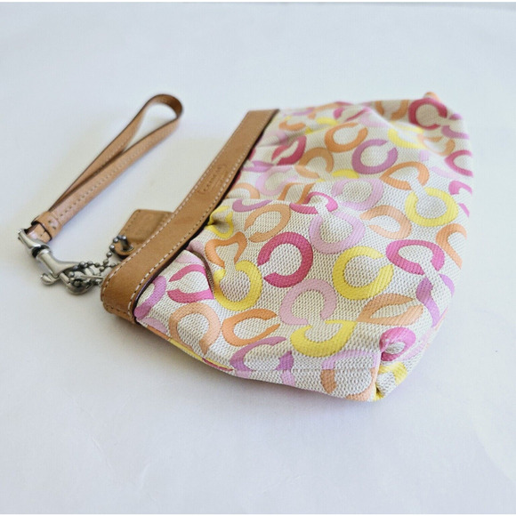 Coach Wristlet Pink Op Art Signature Zip Clutch Vachetta Leather Trim Retro Y2K - Picture 4 of 12